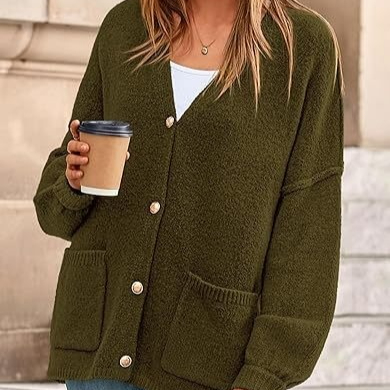 Womens Autumn Winter V-Neck Long-Sleeve Sweater Coat With Pockets