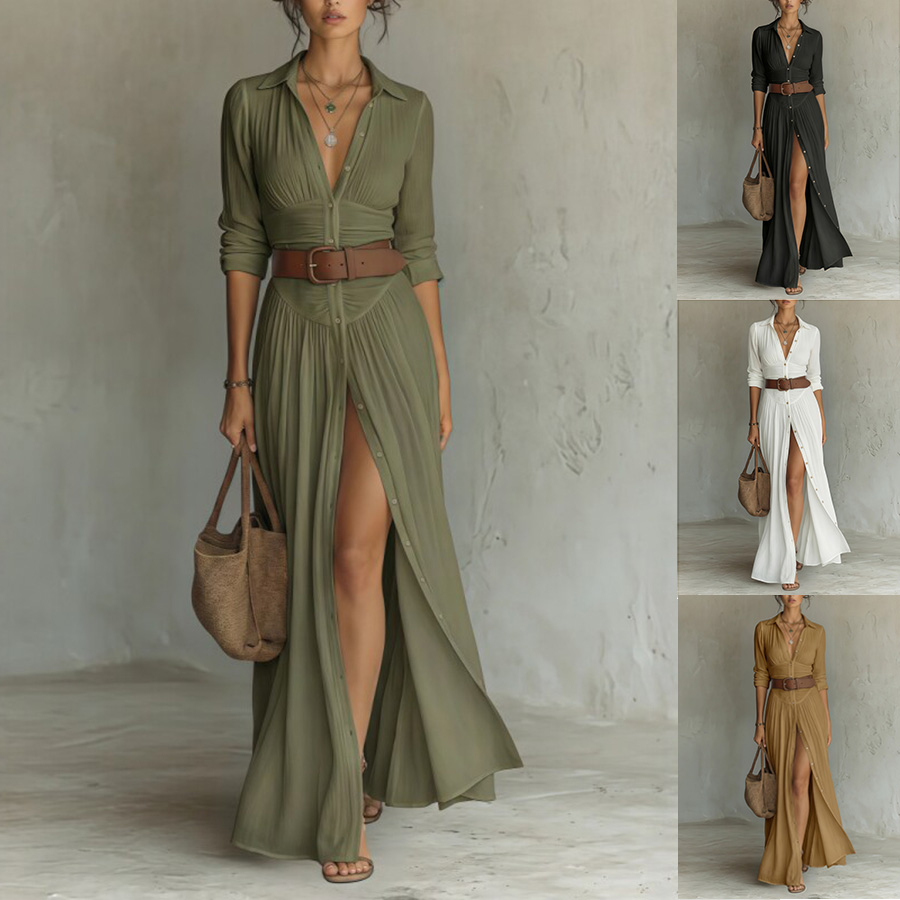 Women's Casual V-Neck Long Dress with High Side Split - Versatile Loose Fit Maxi Gown for Daily Wear product image