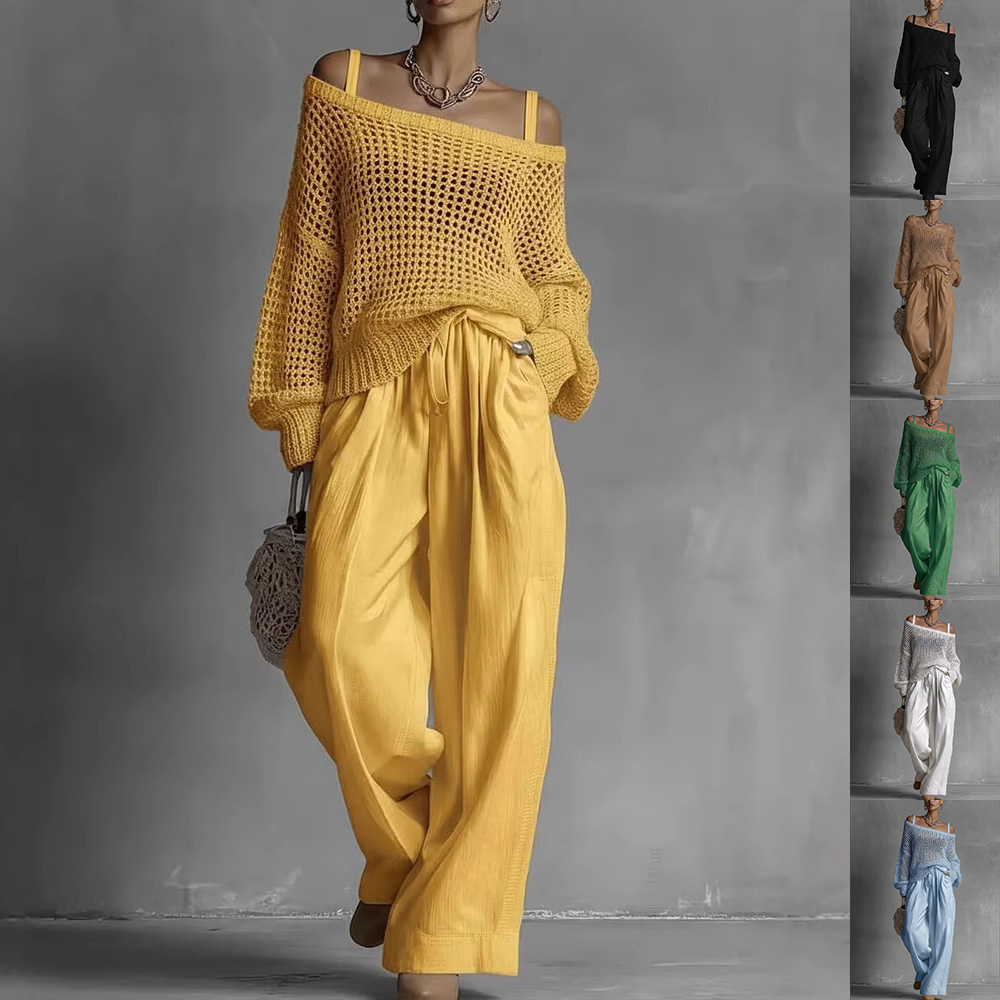 Hollow-Out Knitted Suits Women Loose Pullover Top And Drawstring Straight-leg Pants Casual Two-Piece Set Outfit