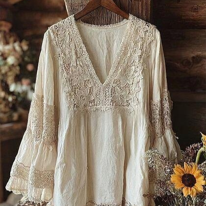 Womens Retro Bohemian Rose-Embroidered Loose Linen Top — image 1