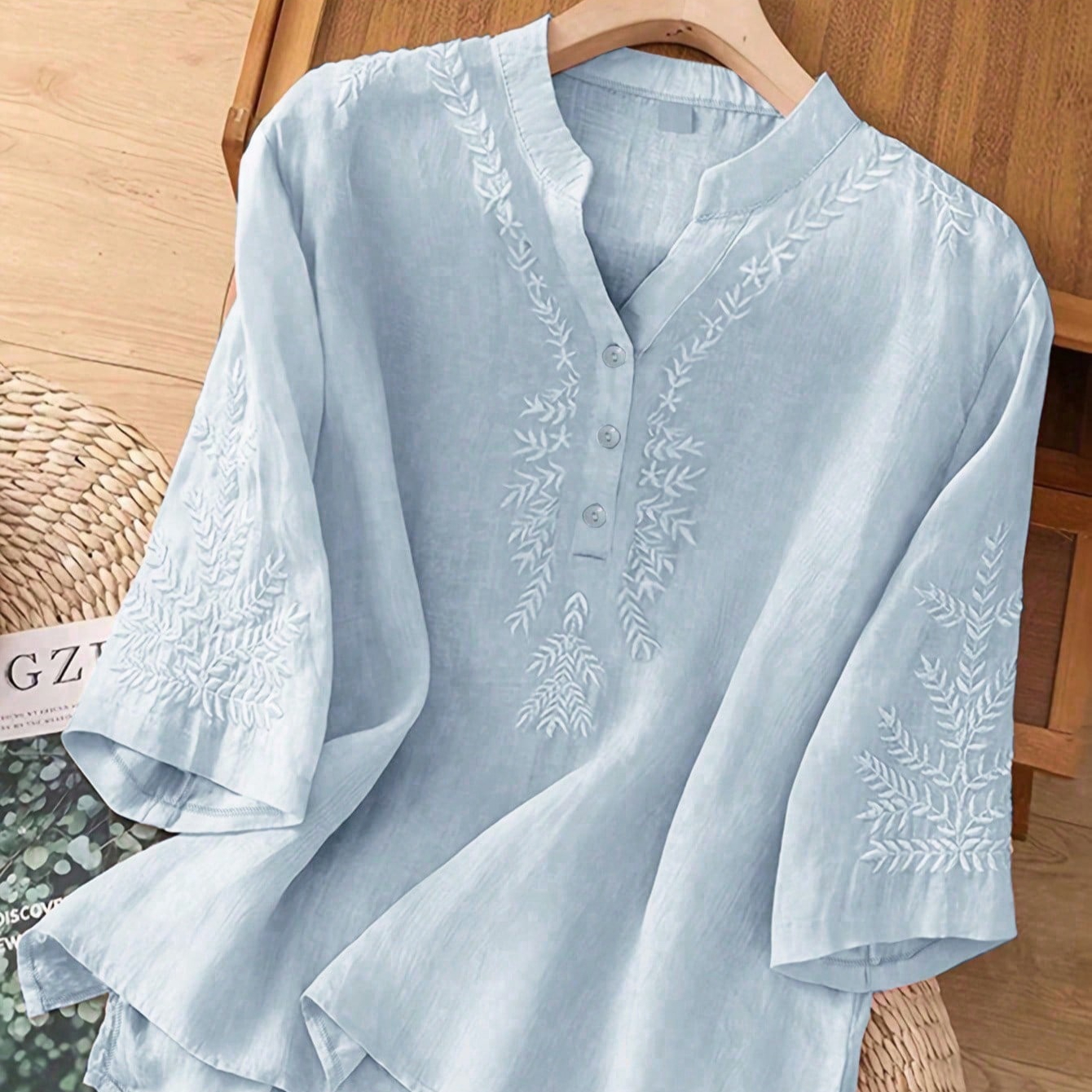Womens Embroidered Solid-Color Shirt With V-Neck — image 1