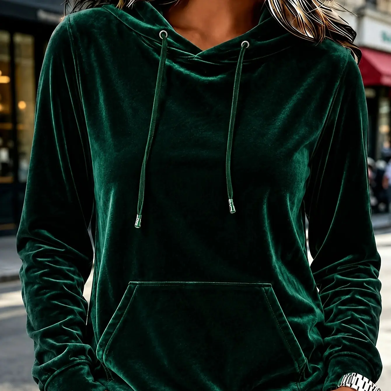 Hooded Drawstring Velvet Sweatshirt