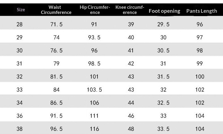 Men's Loose-Fit Casual Trousers size chart