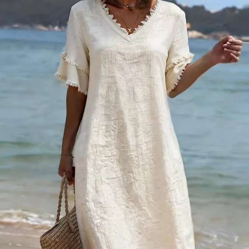 Elegant Casual V-Neck Solid Color Mid-Sleeve Womens Dress