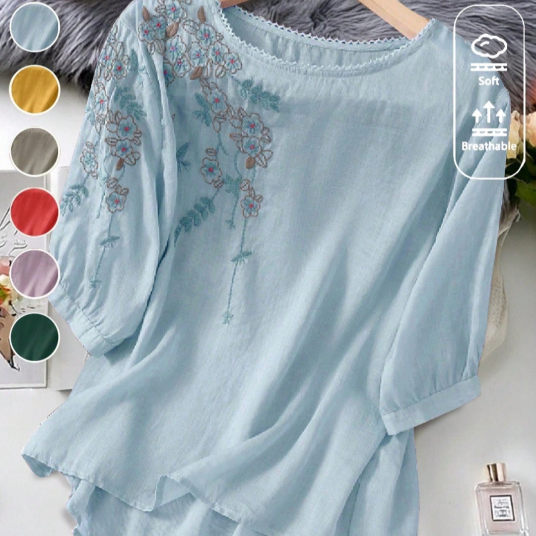 Solid-color Embroidered Cotton Comfortable And Artistic T-shirt Loose-fitting… — image 1