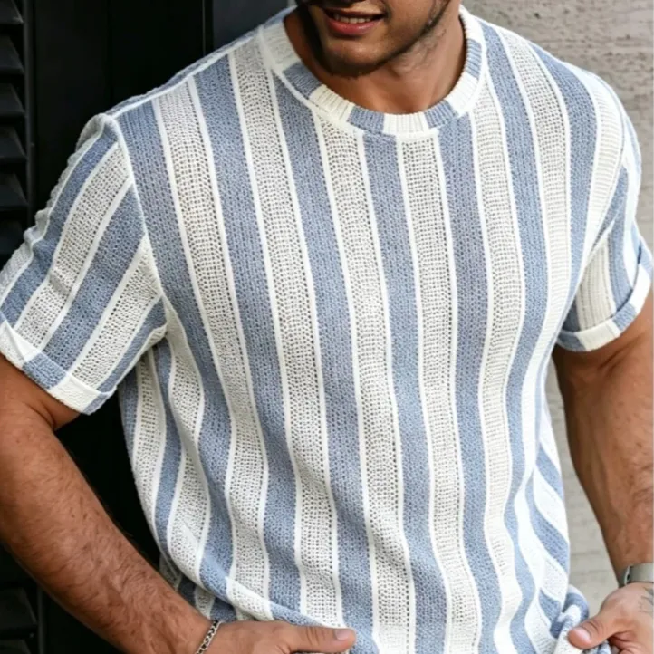 Hollow-out Mesh Striped Short-Sleeve T-Shirt Mens Top