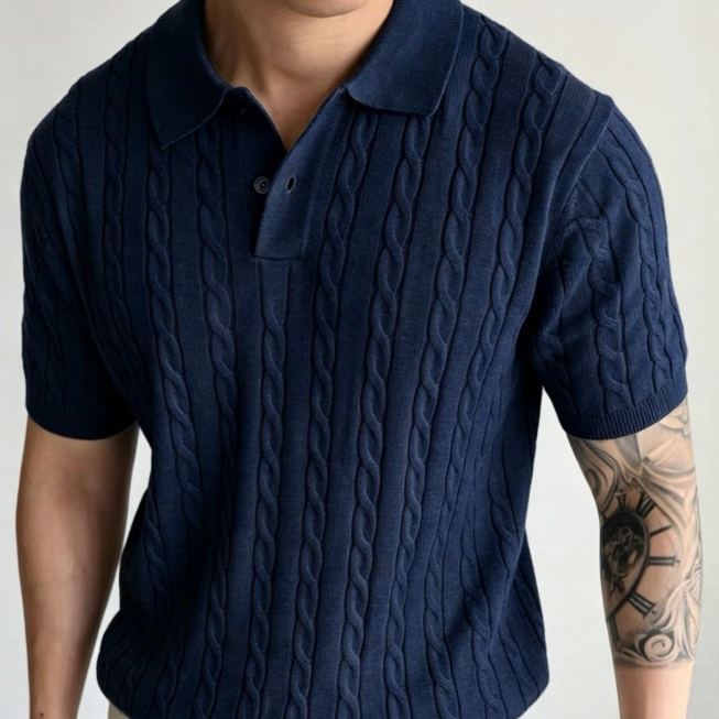 Cable-knit Polo Shirt Mens Short-Sleeve Casual Knitted T-Shirt