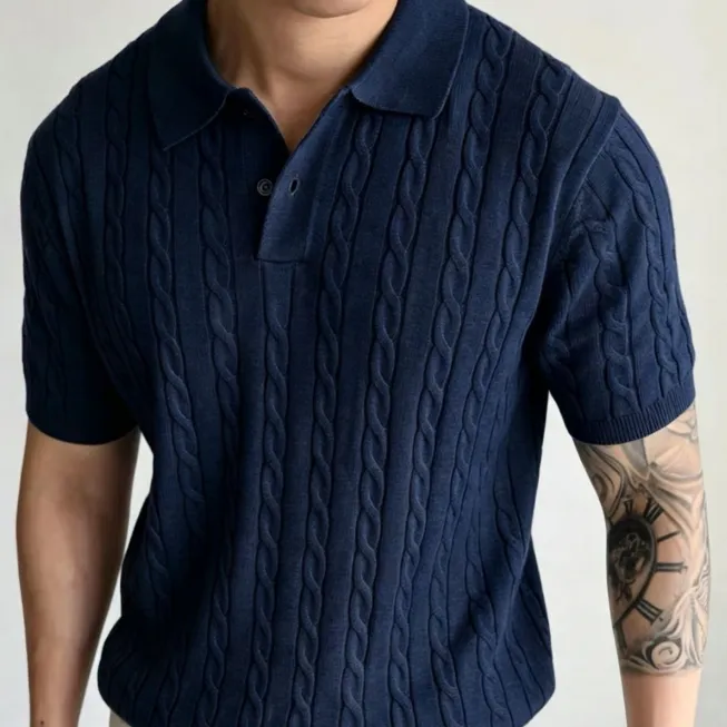 Cable-knit Polo Shirt Mens Short-Sleeve Casual Knitted