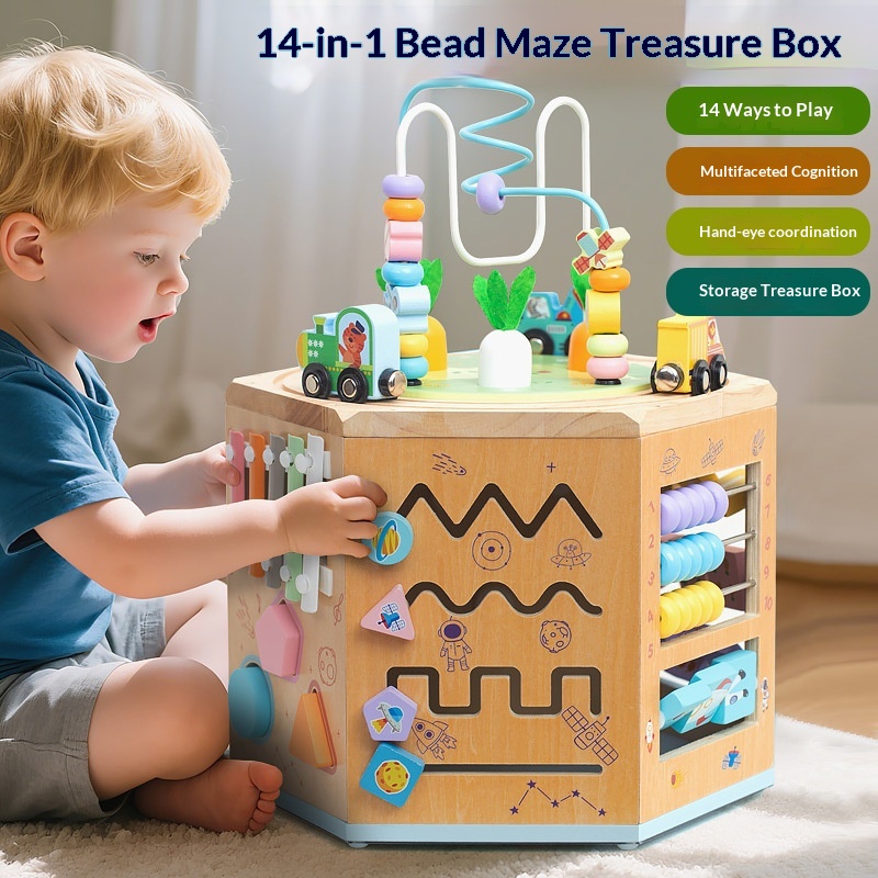 CPC CE Wooden Multi-functional Bead Maze Busy Box Treasure Chest — foto 5