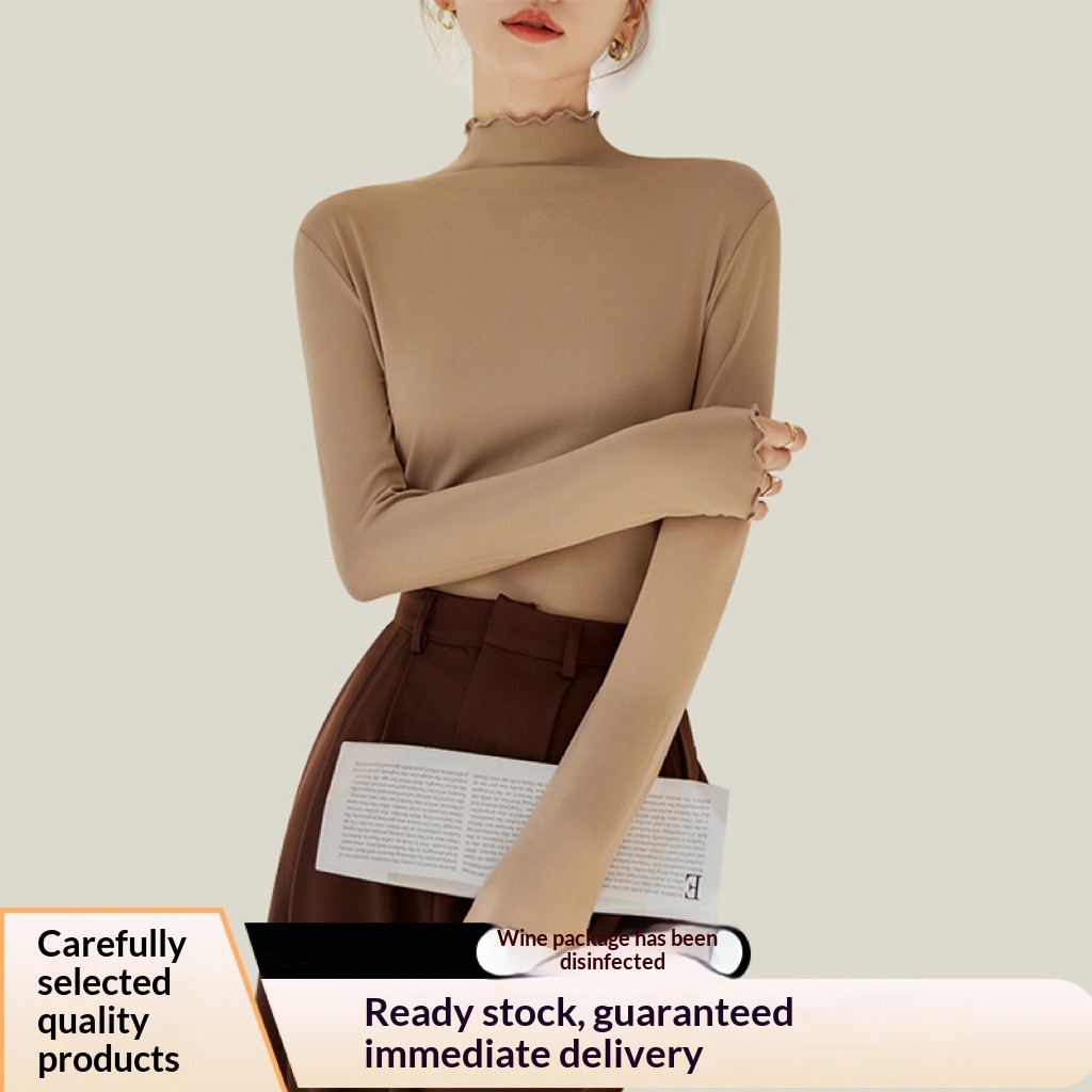 Womens Half-High-Neck Base Shirt With Ruffle Trim 4
