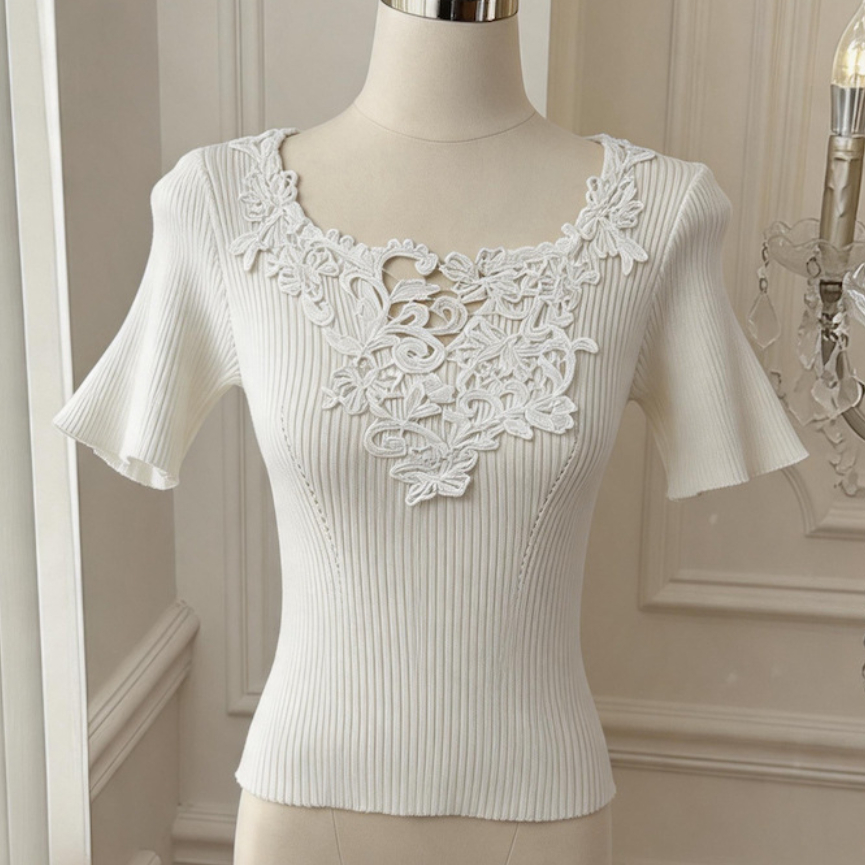 Womens Pure V-neck Knitted Top With Lace Paneling 3
