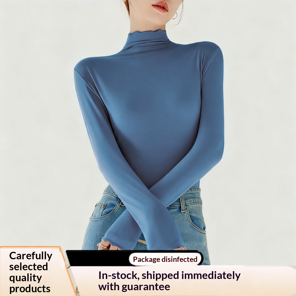 Womens Half-High-Neck Base Shirt With Ruffle Trim 6