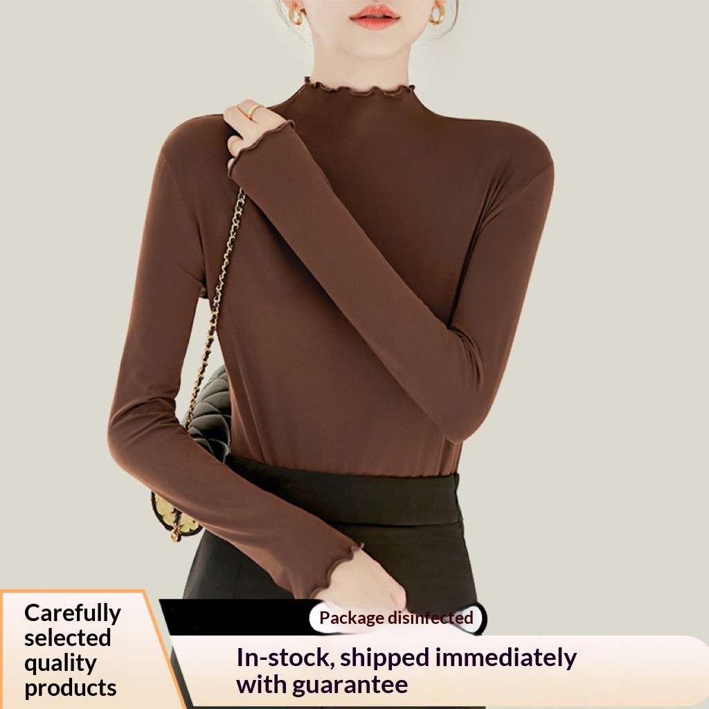 Womens Half-High-Neck Base Shirt With Ruffle Trim 9