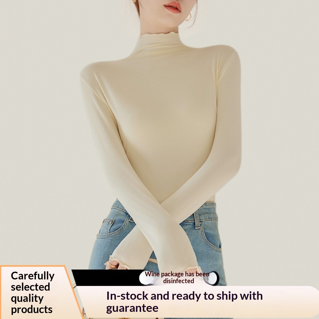Womens Half-High-Neck Base Shirt With Ruffle Trim 5