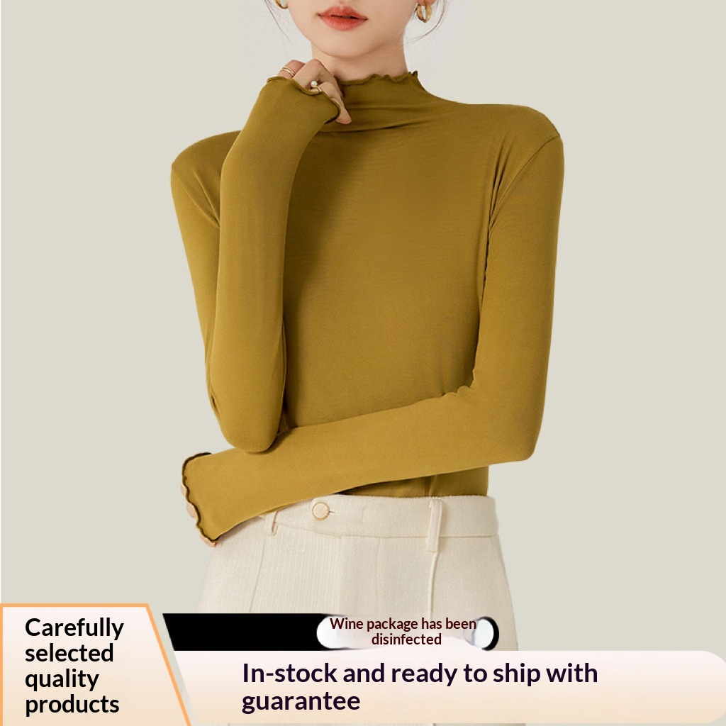 Womens Half-High-Neck Base Shirt With Ruffle Trim 8