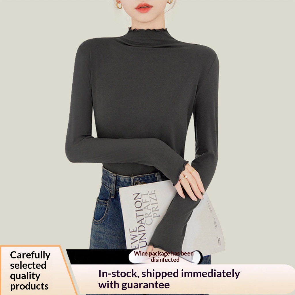 Womens Half-High-Neck Base Shirt With Ruffle Trim 7