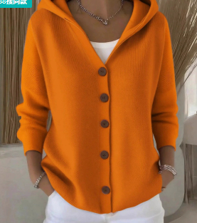 Hooded Knitted Cardigan Women's Solid Color Casual Sweater Jacket