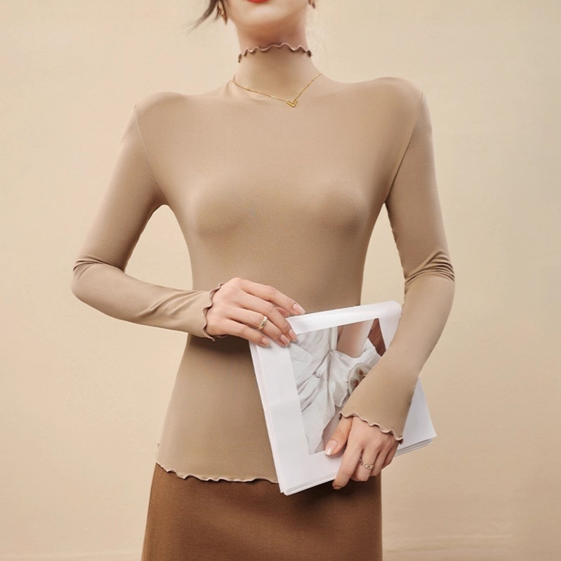 Womens Half-High-Neck Base Shirt With Ruffle Trim 3