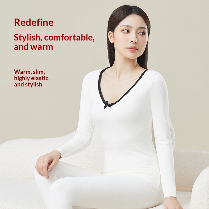 Color-Block Bow-Knot Design Thermal Underwear Set