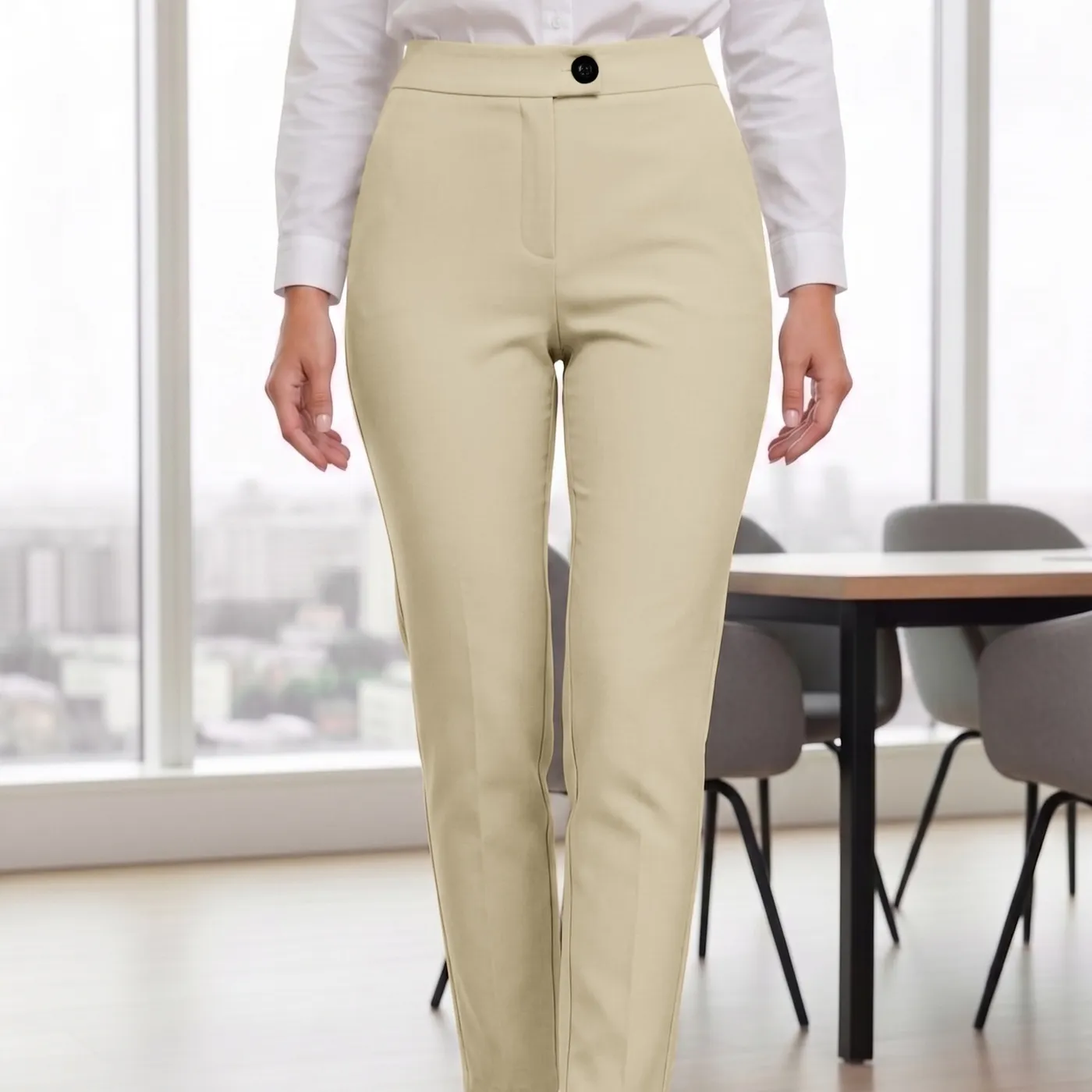 Womens Solid-Color Mid-Waist Casual Pants