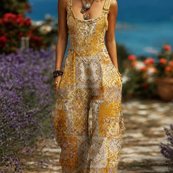 Retro-style Wide-leg Overalls Sleeveless Linen Womens Outfit