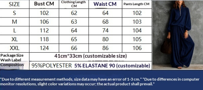 Women's Half-Zip Stand-Collar Top & Wide-Leg Pants Set - Size Chart