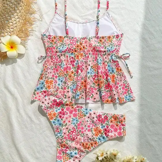 New Floral Print Camisole Waist Cinching Tummyhiding Sweet Two Piece Resort Swimsuit