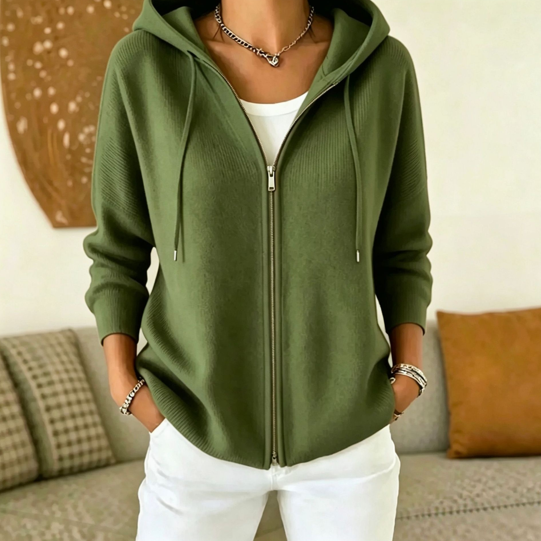 Womens Zippered Hooded Cardigan Knit Jacket