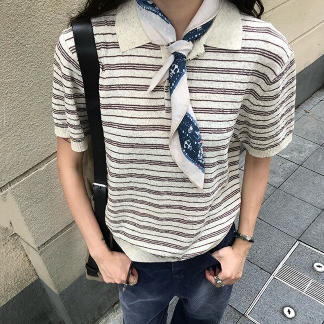 Lapel-collar Casual Short-sleeve Knit Sweater