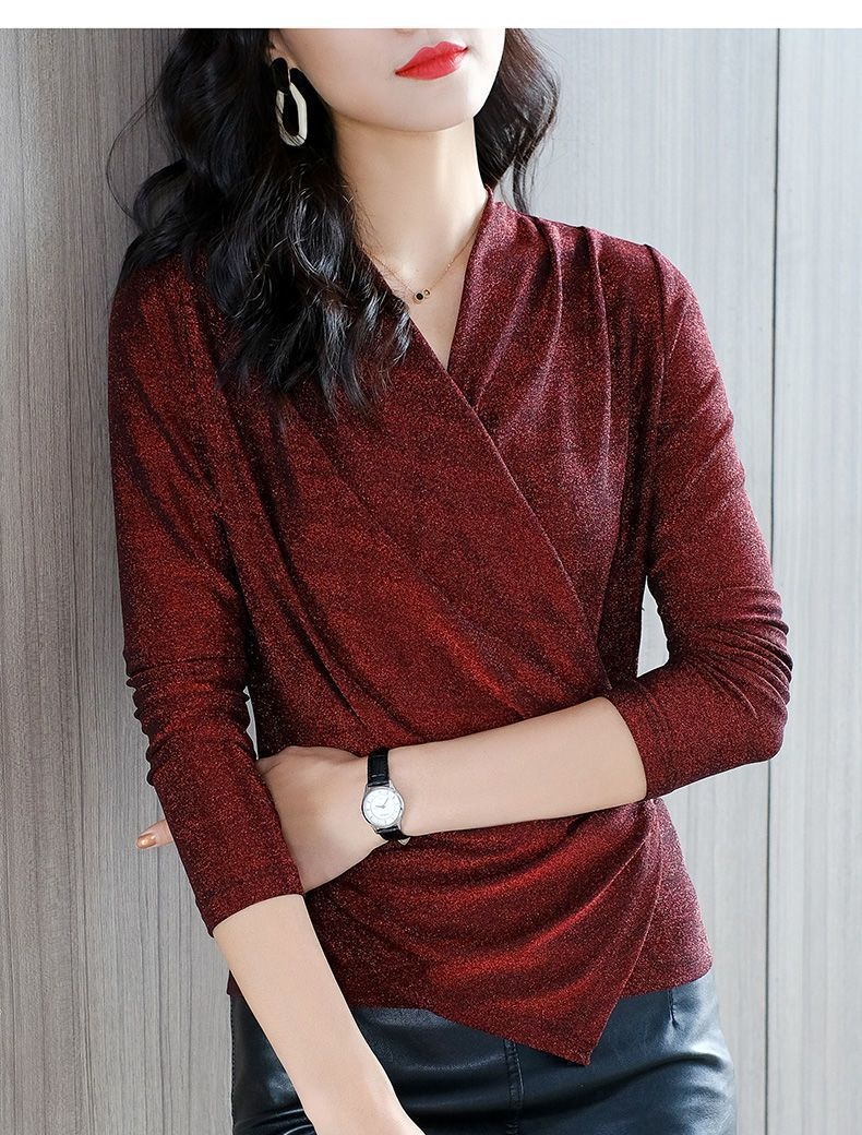 Women's V-Neck Lurex Long Sleeve Top – Black