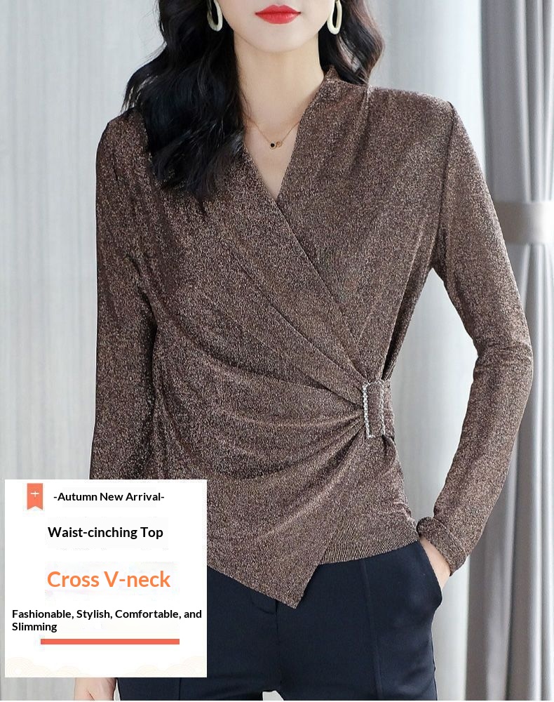 Women's V-Neck Lurex Long Sleeve Top – Side View