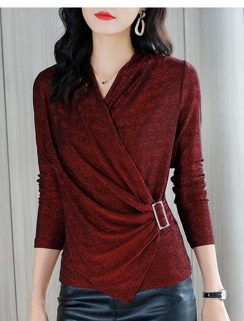 Women's V-Neck Lurex Long Sleeve Top – Rose Gold