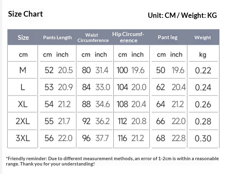 Quick-Dry Cargo Sports Shorts - Size Chart