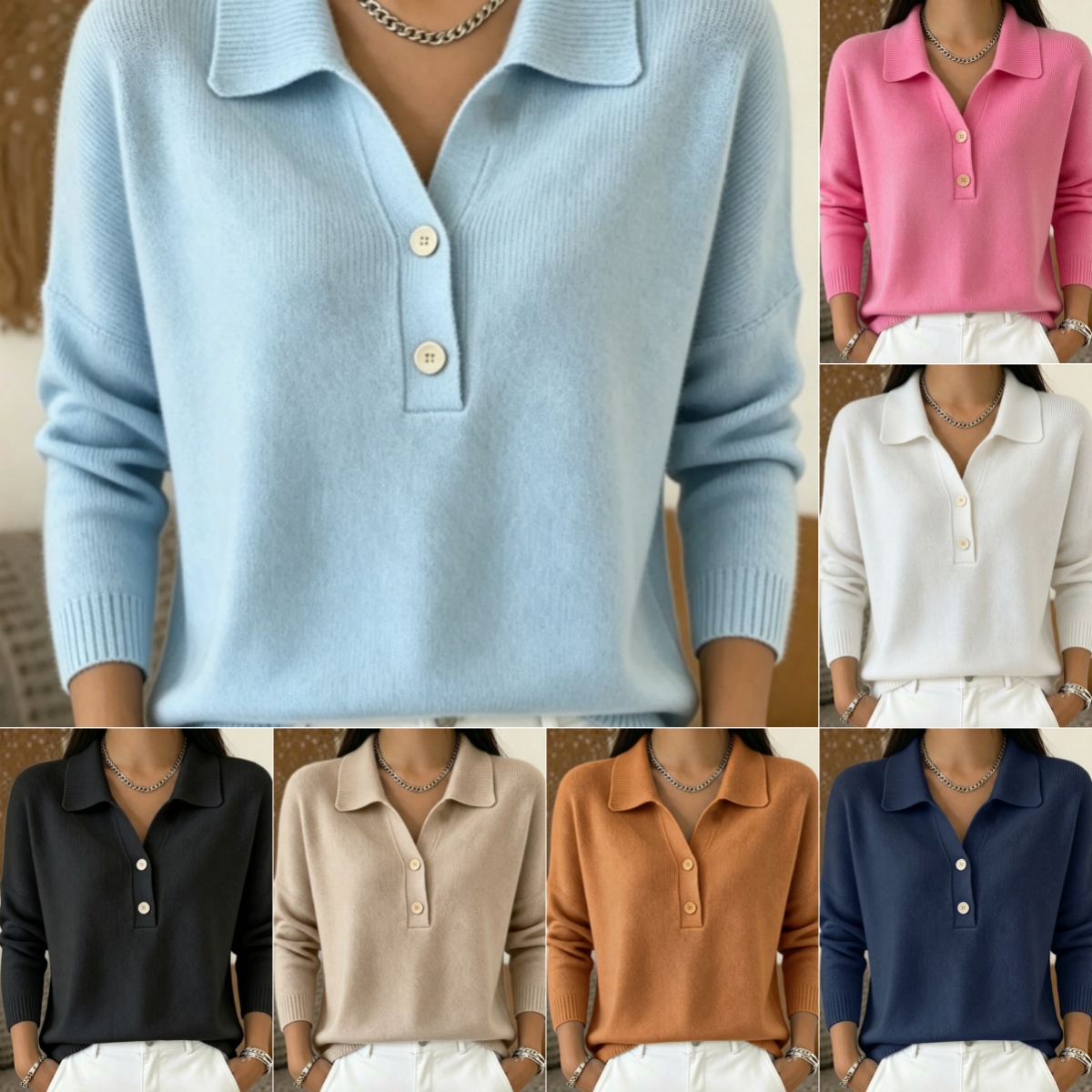 Women 's Polo Collar Knit Sweater Half Button V Neck Solid Color Loose Long Sleeve Elegant Trendy Casual Fall Winter Knit Top