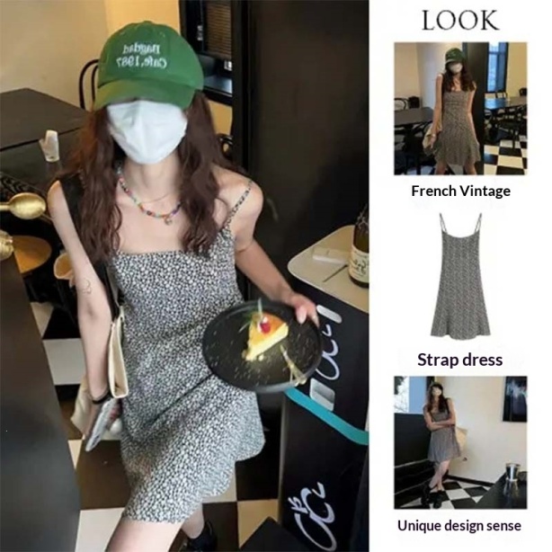 Retro French-style Floral-print Slip Dress