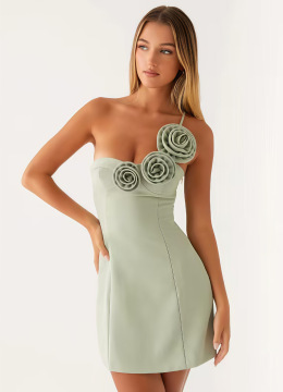 One-Shoulder Dress With Three-Dimensional Floral Embellishments