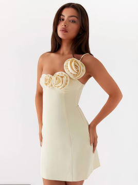 One-Shoulder Dress With Three-Dimensional Floral Embellishments