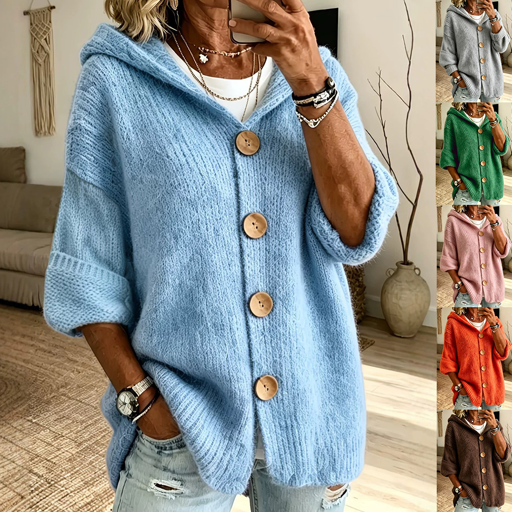 Women's Solid Color Hooded Cardigan Sweater Casual Long Sleeve Button Down Knit Top