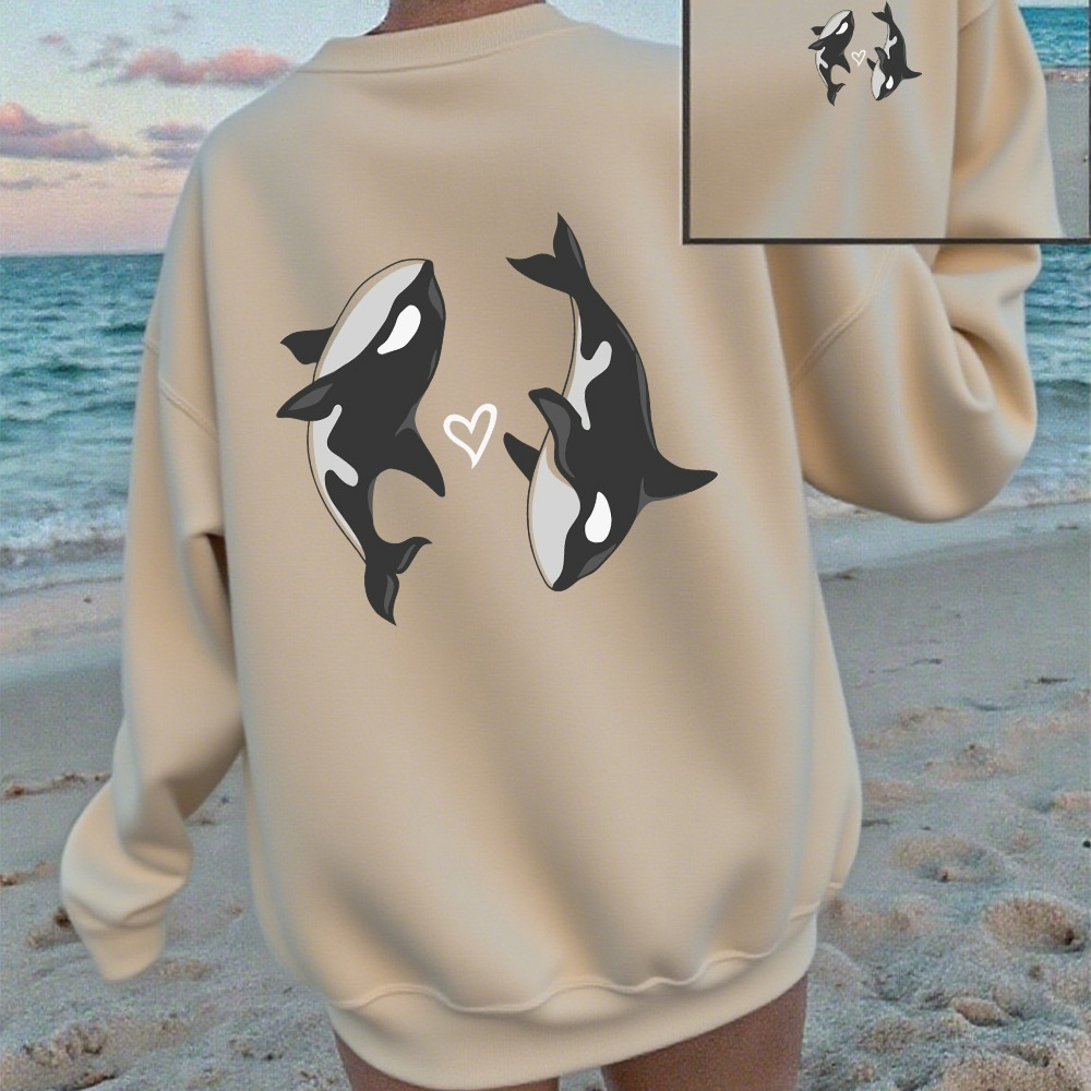 Dolphin Love Heart Prints Sweatshirts Women Winter Fleece Wa