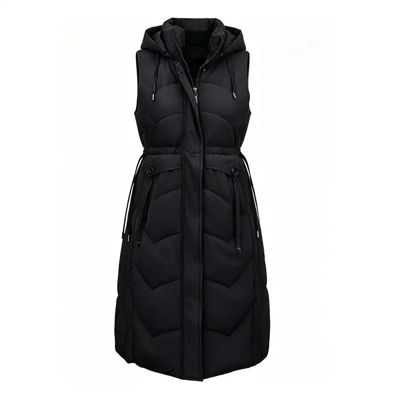Women's Sleeveless Mid-length Hooded Vest Jacket Coat