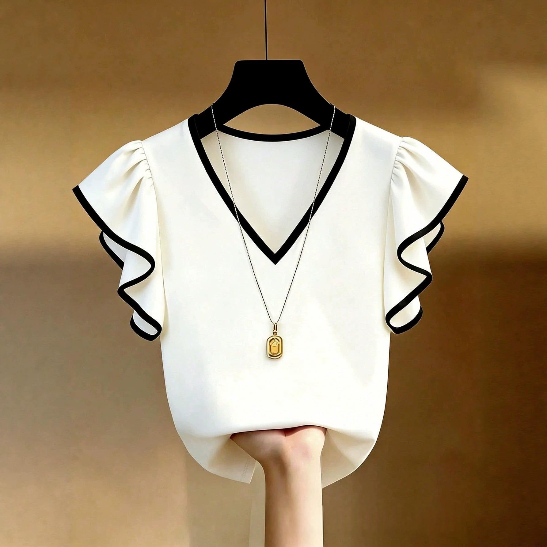 Womens Versatile Contrasting-Color V-Neck Ruffle-Sleeve T-Shirt