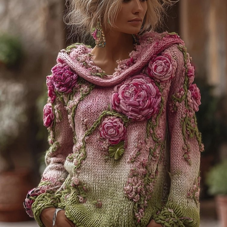 Women's Crew-Neck Sweater Vintage Printed Knit Top