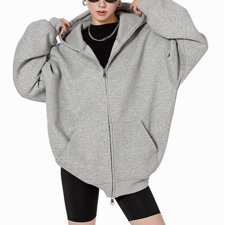 Retro Heavyweight Gray Hoodie Cardigan Womens Hooded Jacket
