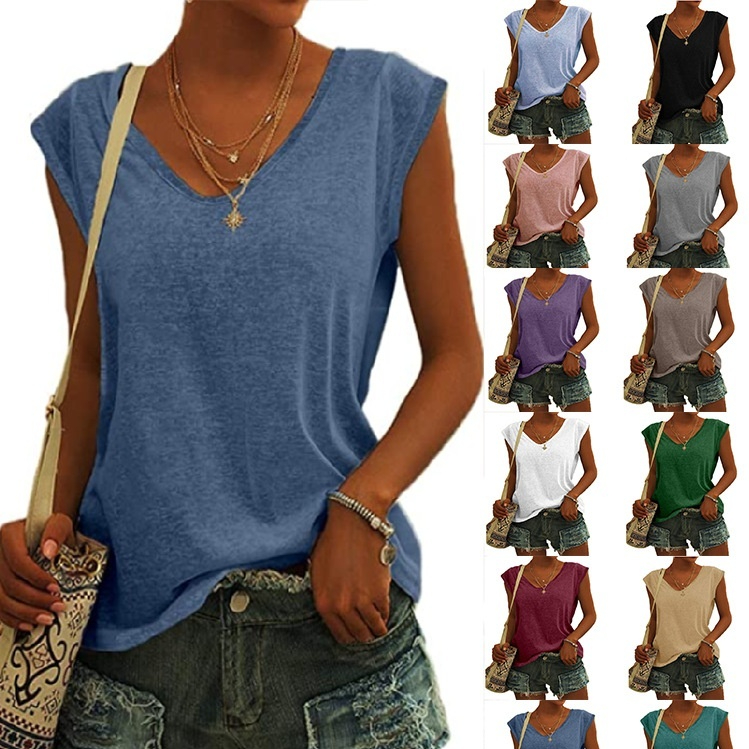Women's Solid Color V-Neck Cap Sleeve Loose T-Shirt