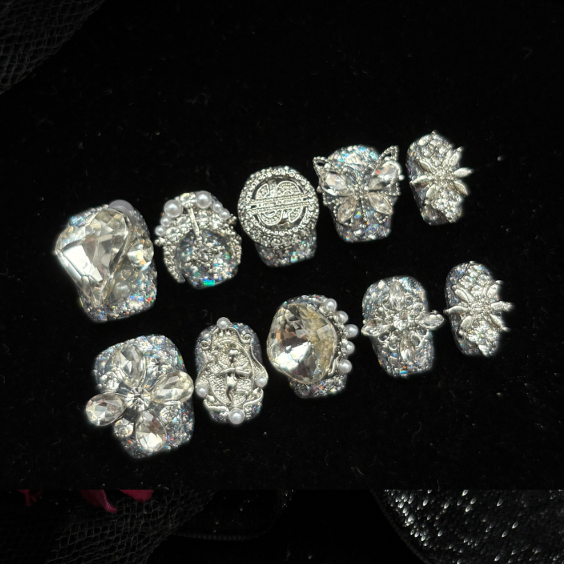 Handmade Press-on Nails In Pink, Sparkling Roses With Full Rhinestone Embellishmentsdazzling Short-style Nails That Enhance Your Complexion, Perfect For The Back-to-school Season