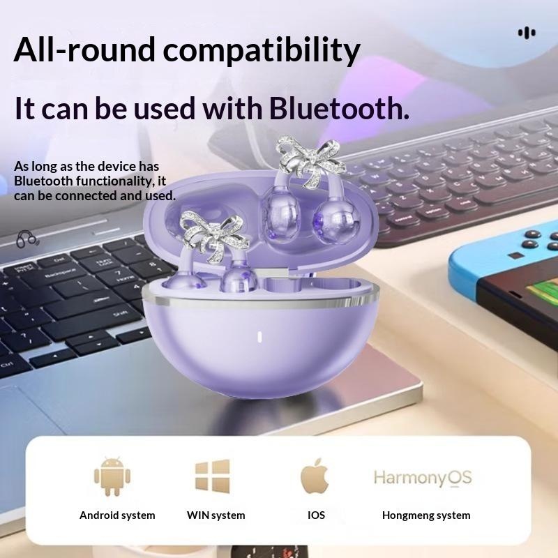 Full Diamond Bow Ear Earrings Ear Clip Wireless Headphones 2