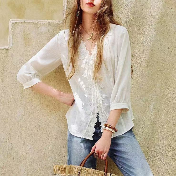 Womens Casual Versatile Lace-up V-neck Top