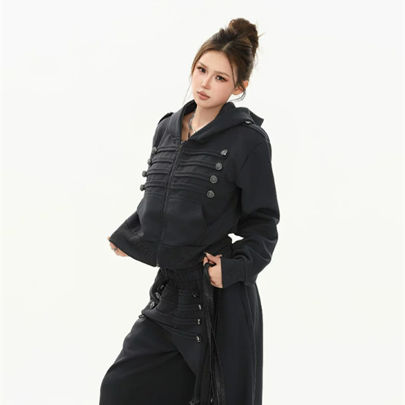 Retro Style Stand Collar Double-breasted Short For Women Black Versatile Trendy Jacket