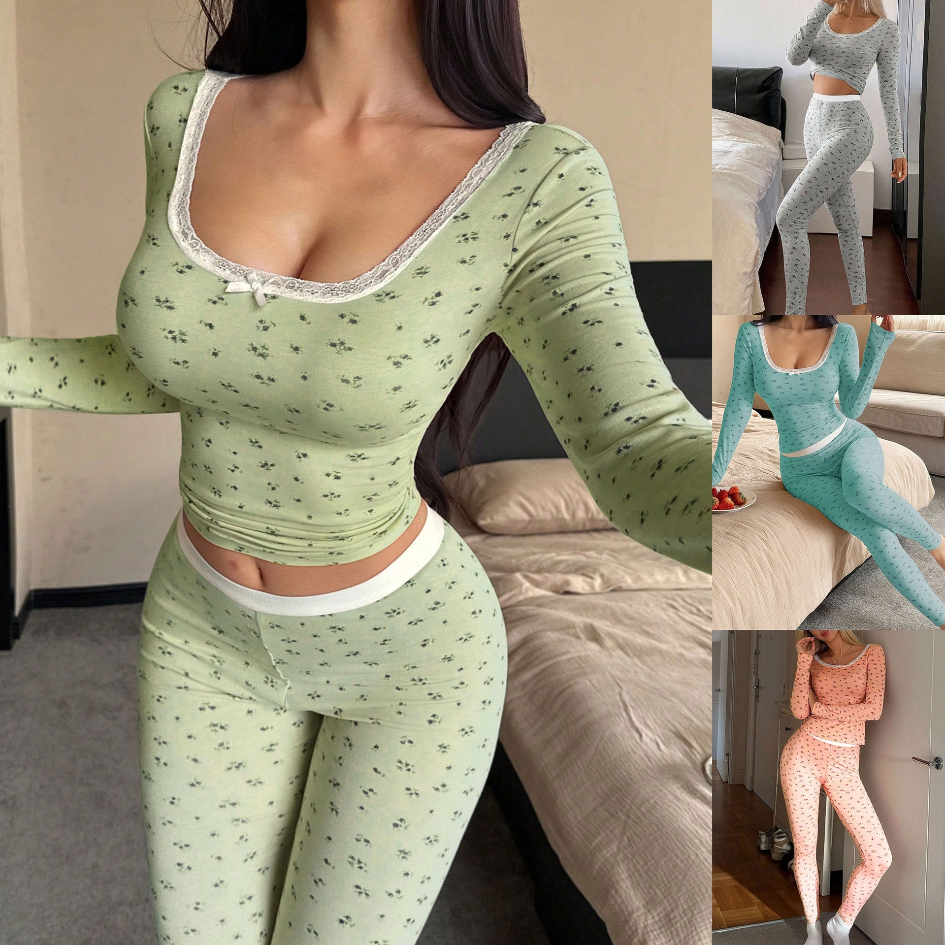 Lace-trimmed Warm Pajama Set With Long Sleeves And Long Pants For Women product image