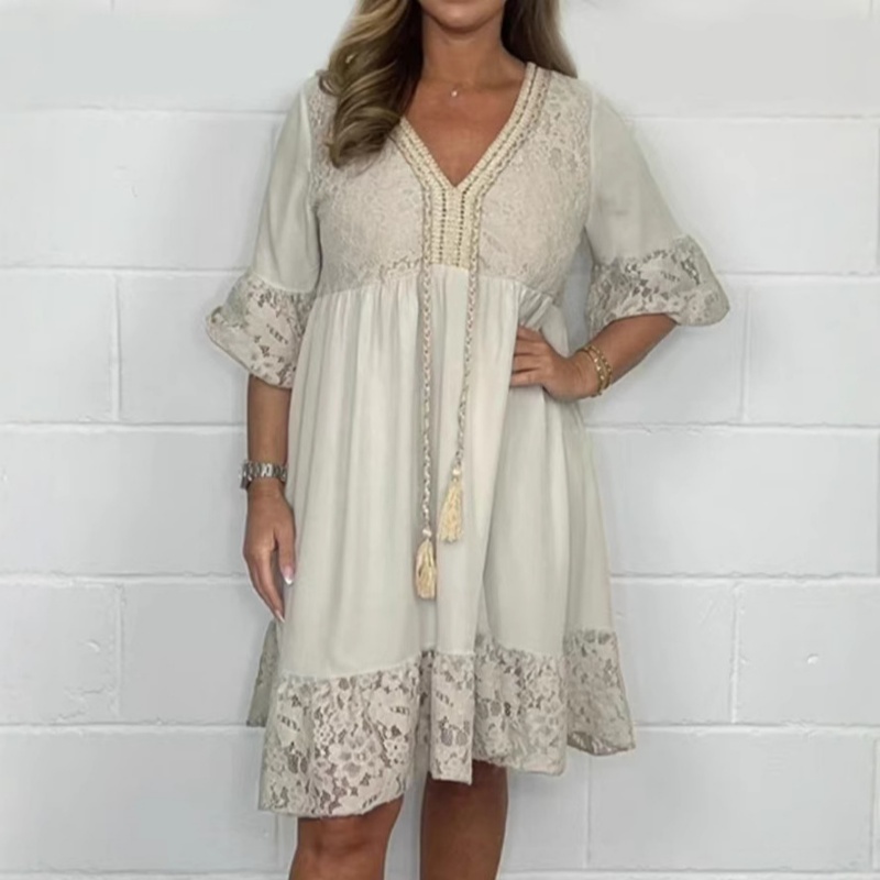 Womens V-neck Patchwork Lace Hollow-Out Dress product image